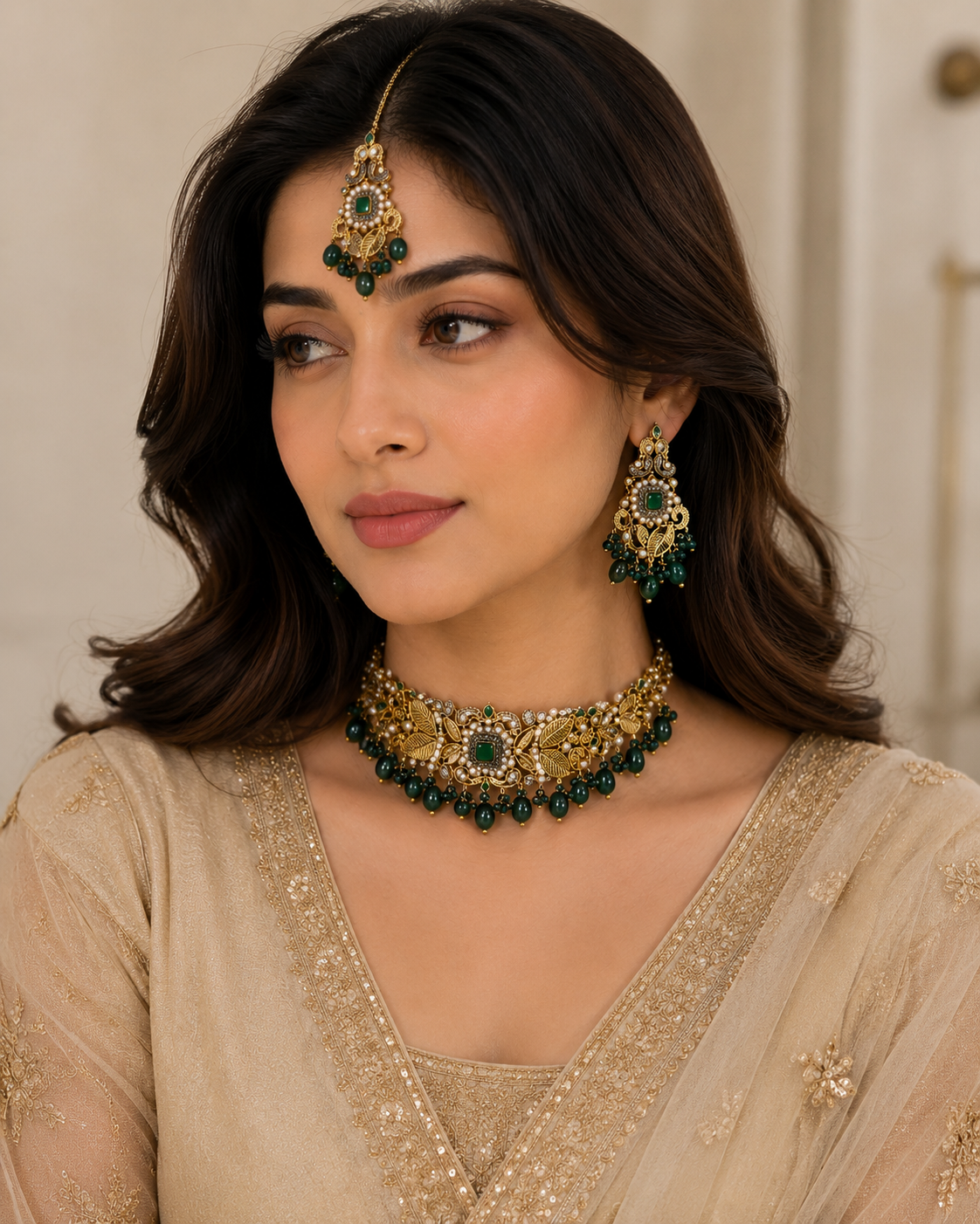 Emerald Green Leaf Kundan Choker Jewellery Set