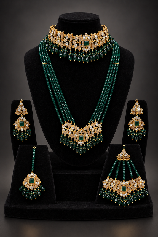 JW480 – Emerald Green & Gold Bridal Jewellery Set