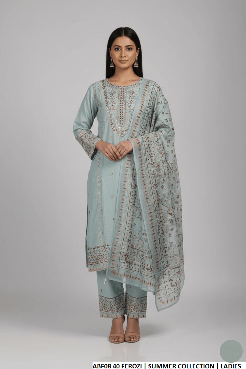 Cotton straight shirt plazo ferozi - Pakistani women's casual outfit with digital print dupatta front view