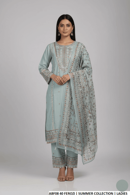 Cotton straight shirt plazo ferozi - Pakistani women's casual outfit with digital print dupatta front view