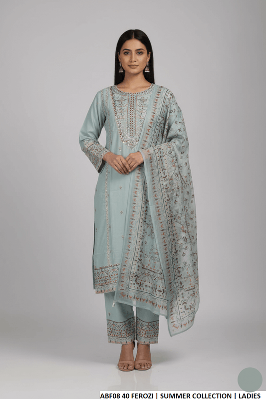 Cotton straight shirt plazo ferozi - Pakistani women's casual outfit with digital print dupatta front view