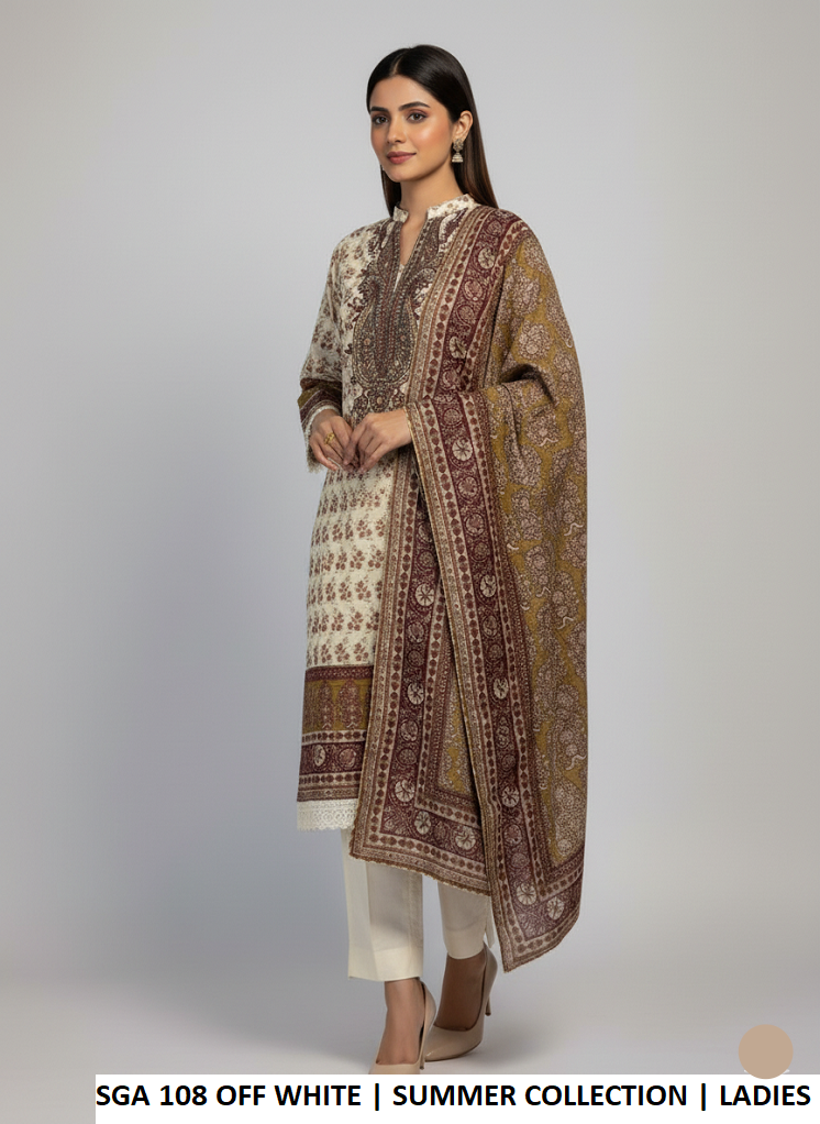 Pakistani women's off white lawn A-Line casual outfit detail view