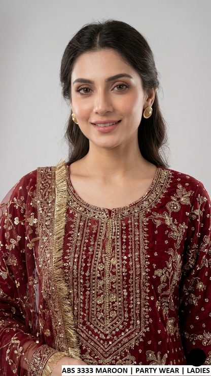 ABS 3333 MAROON - Maroon Chiffon Straight 3-Piece Women's Pakistani Suit