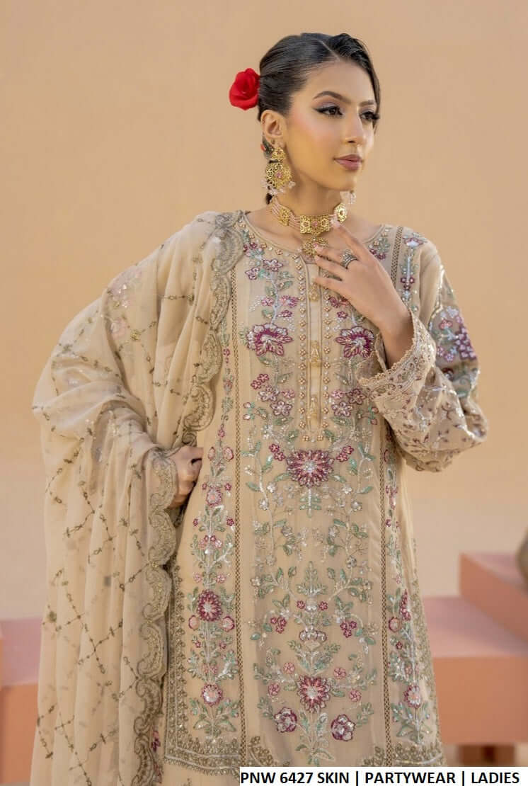 Skin chiffon Pakistani women's straight shirt with gharara side view