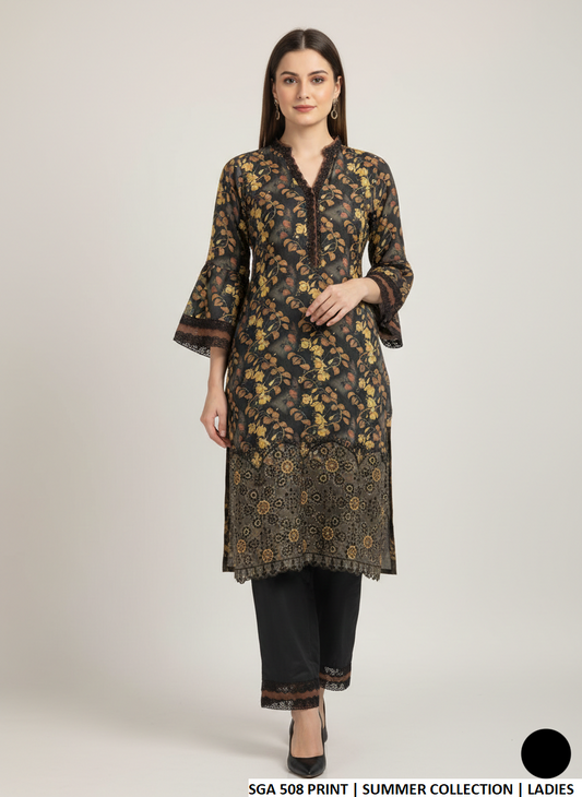 Lawn straight printed shirt - Pakistani women's casual summer outfit with cotton trouser front view