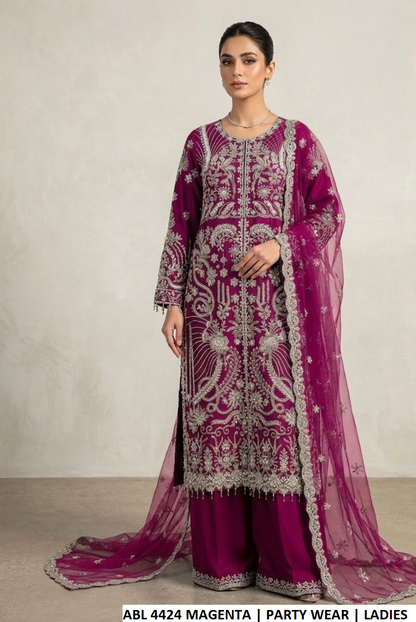 Organza open shirt plazo magenta - Pakistani women's formal party wear with grip trouser and soft net dupatta front view