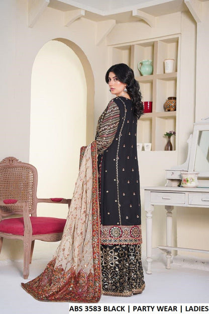 ABS 3583 BLACK - Black Chiffon 3-Piece Women's Plazo Suit Pakistani Fashion