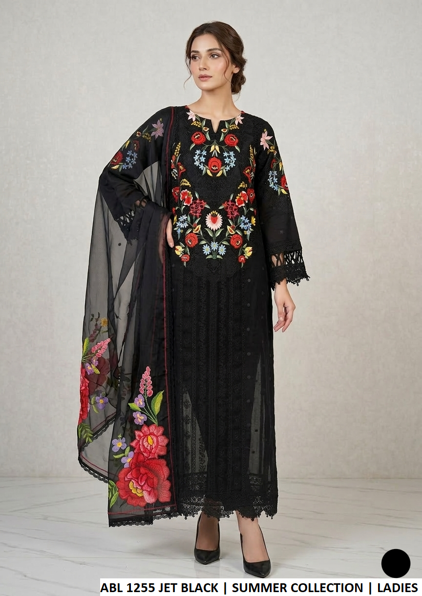 Cotton straight shirt jet black - Pakistani women's casual everyday outfit with digital print silk dupatta front view