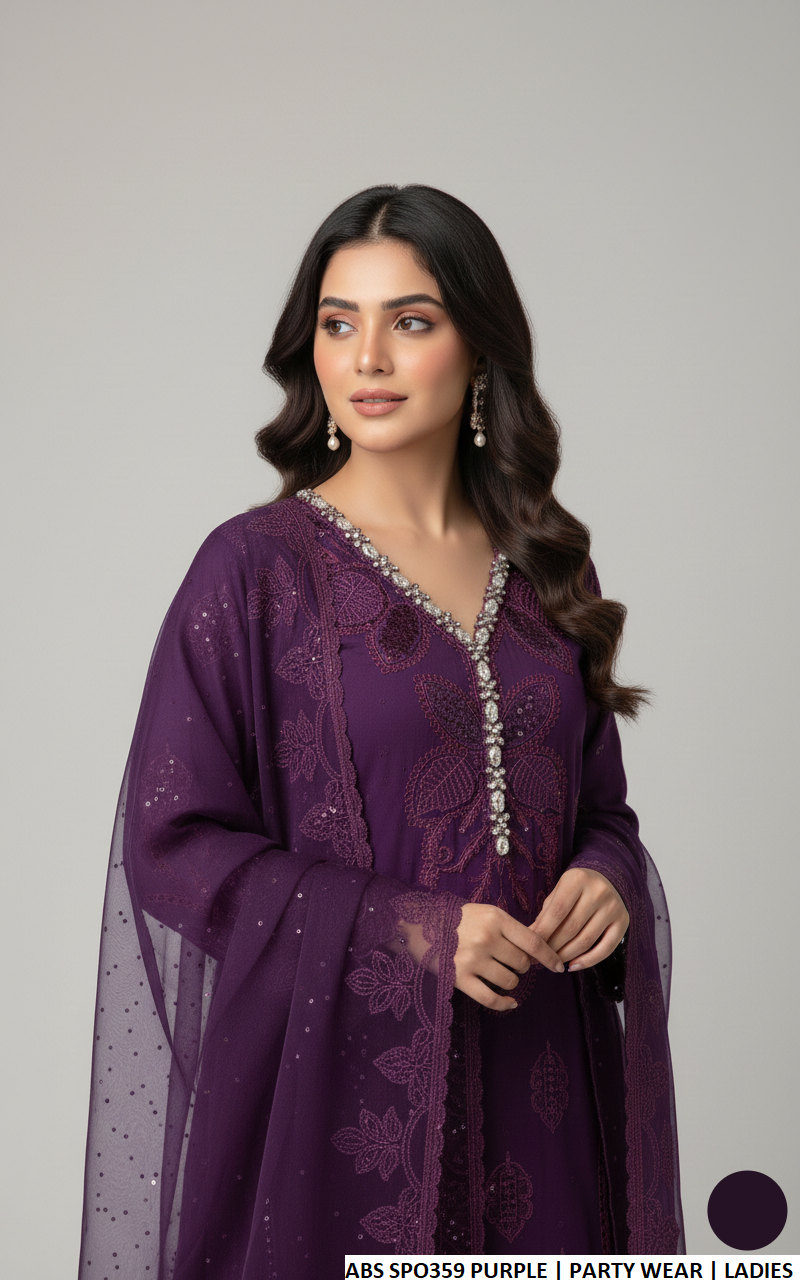 Pakistani women's purple chiffon straight shirt back view