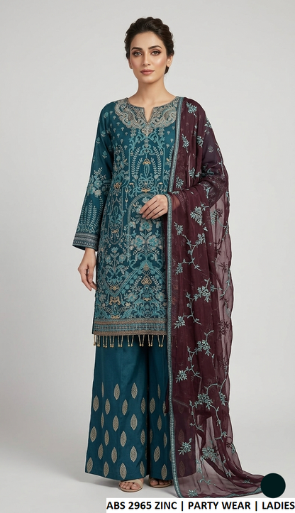 Chiffon straight shirt plazo zinc grey - Pakistani women's party wear with grip plazo and chiffon dupatta front view