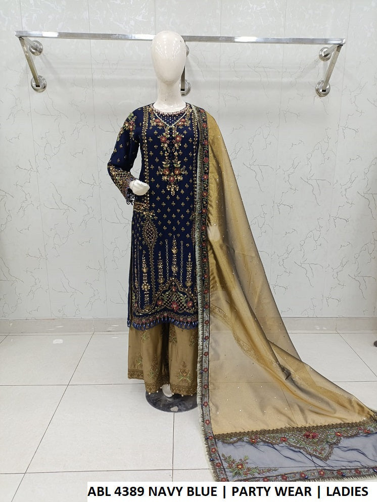 Chiffon shirt plazo ABL 4389 NAVY BLUE - Pakistani women's elegant outfit with viscose plazo and organza dupatta front view