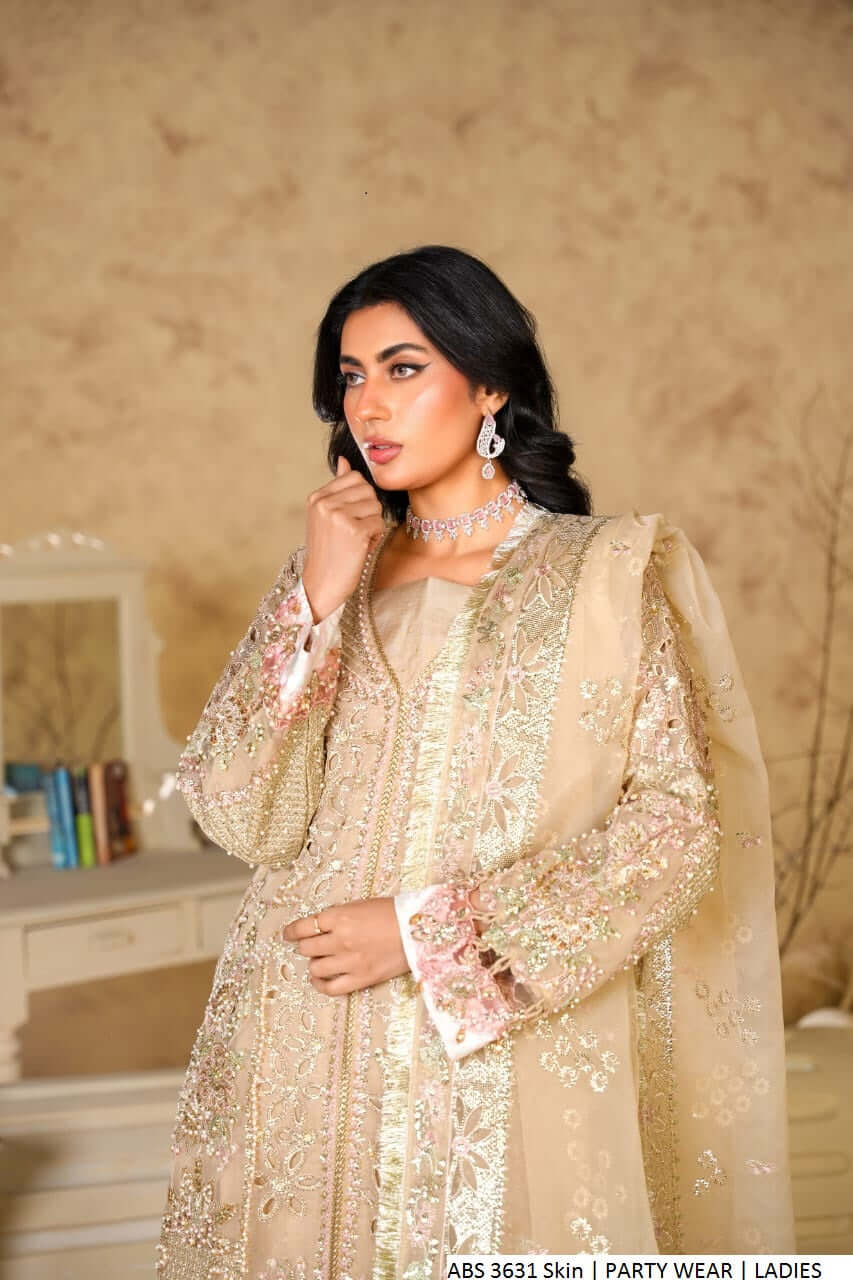 Skin organza Pakistani women's open shirt side view