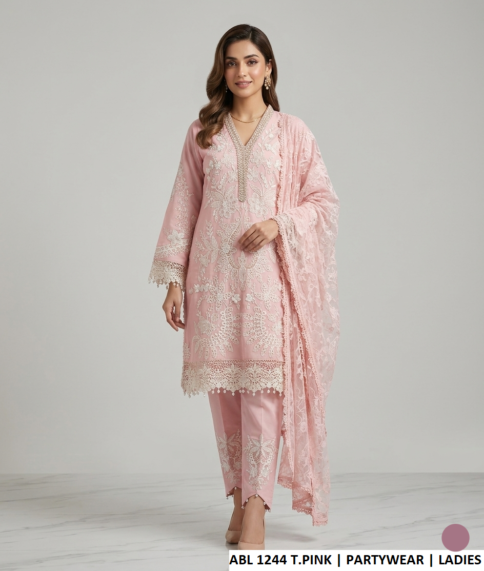 Khadi net straight shirt tea pink - Pakistani women's elegant casual outfit with cotton trouser front view