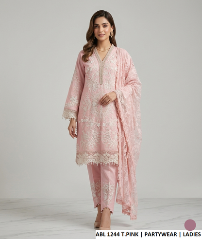 Khadi net straight shirt tea pink - Pakistani women's elegant casual outfit with cotton trouser front view