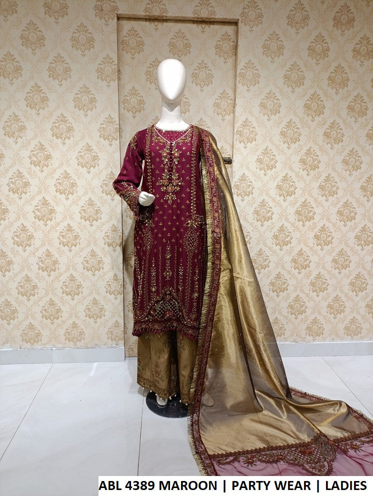 Pakistani women's maroon chiffon shirt plazo outfit back view