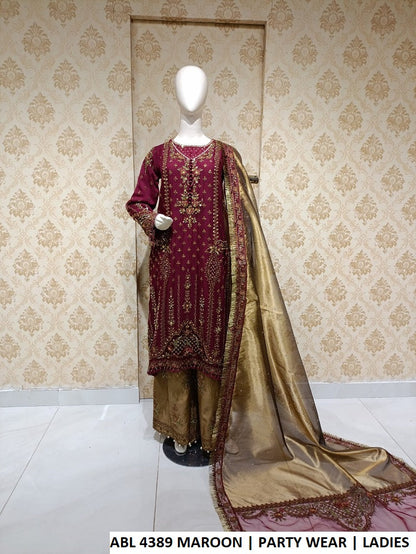 Pakistani women's maroon chiffon shirt plazo outfit back view