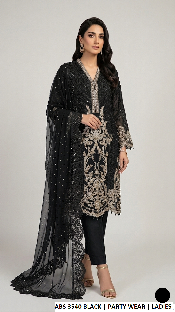 ABS 3540 BLACK - Black Chiffon A-Line 3-Piece Women's Pakistani Suit