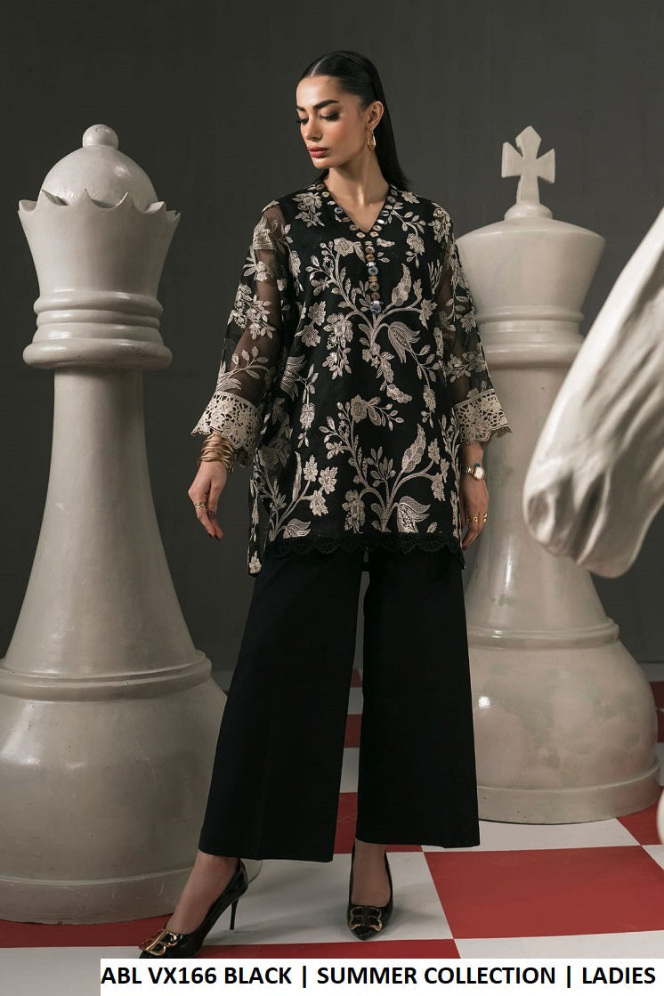 Net short kaftan shirt plazo black - Pakistani women's casual semi-formal outfit with chiffon dupatta front view