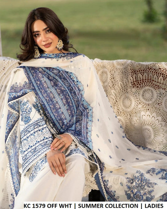 KC Sunehri 1579 Off White - Off White Embroidered Chiffon 3-Piece Women's Pakistani Suit