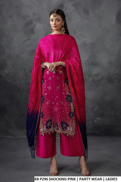 Pakistani women's shocking pink crinkle chiffon embellished shirt back view