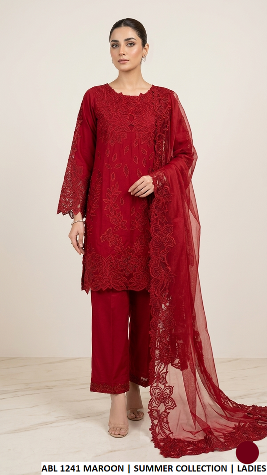 Cotton A-Line shirt plazo maroon - Pakistani women's casual outfit with organza karandi dupatta front view