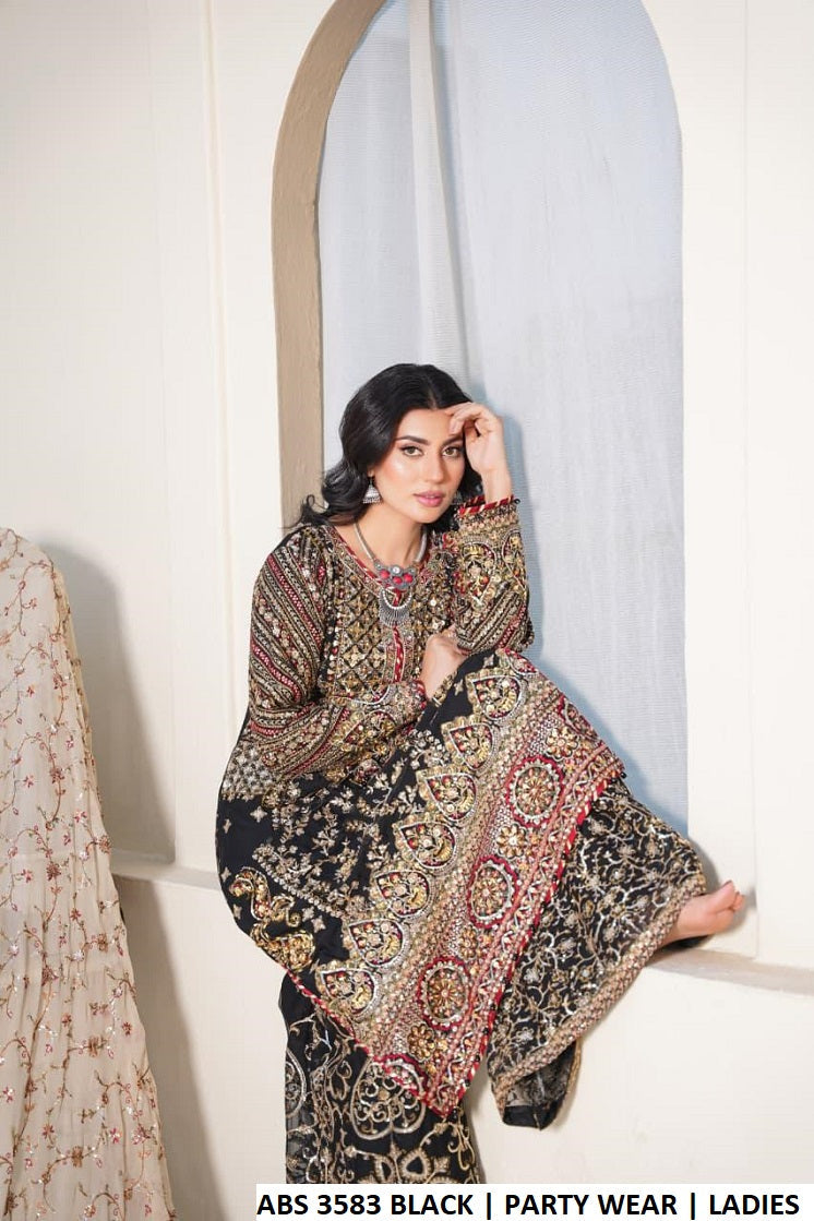 ABS 3583 BLACK - Black Chiffon 3-Piece Women's Plazo Suit Pakistani Fashion