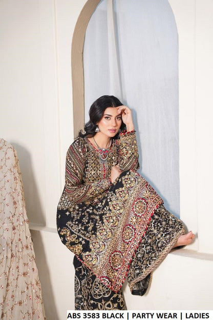 ABS 3583 BLACK - Black Chiffon 3-Piece Women's Plazo Suit Pakistani Fashion