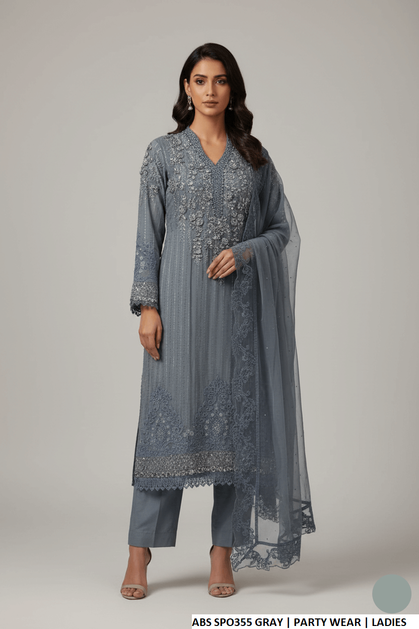 Chiffon straight shirt grey - Pakistani women's formal party wear with grip trouser and chiffon dupatta front view
