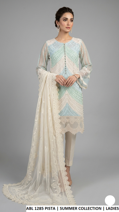 Cotton long straight shirt pista green - Pakistani women's casual elegant outfit with organza dupatta front view