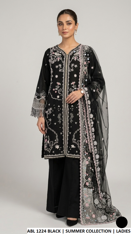 Cotton straight open shirt plazo - Pakistani women's casual elegant outfit with chiffon dupatta front view