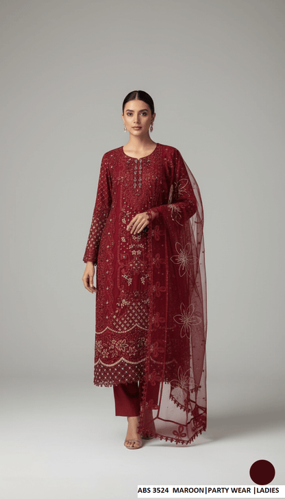 Chiffon straight shirt maroon - Pakistani women's party wear with grip trouser and chiffon dupatta front view