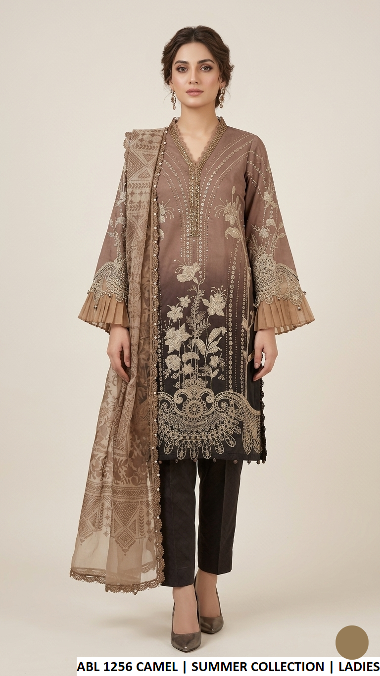 Poly lawn A-Line shirt camel brown - Pakistani women's casual outfit with organza dupatta front view