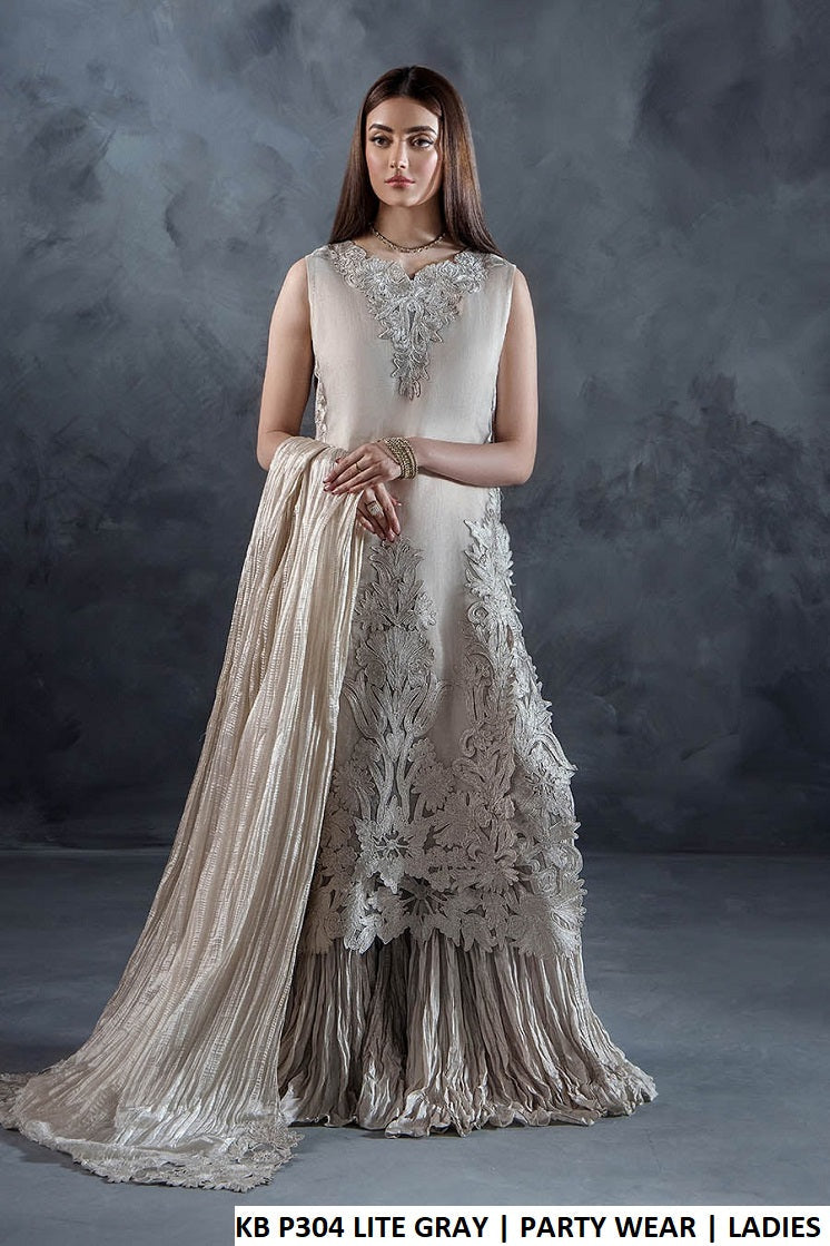 Organza straight shirt crush sharara light grey - Pakistani women's luxury party wear with silk dupatta front view