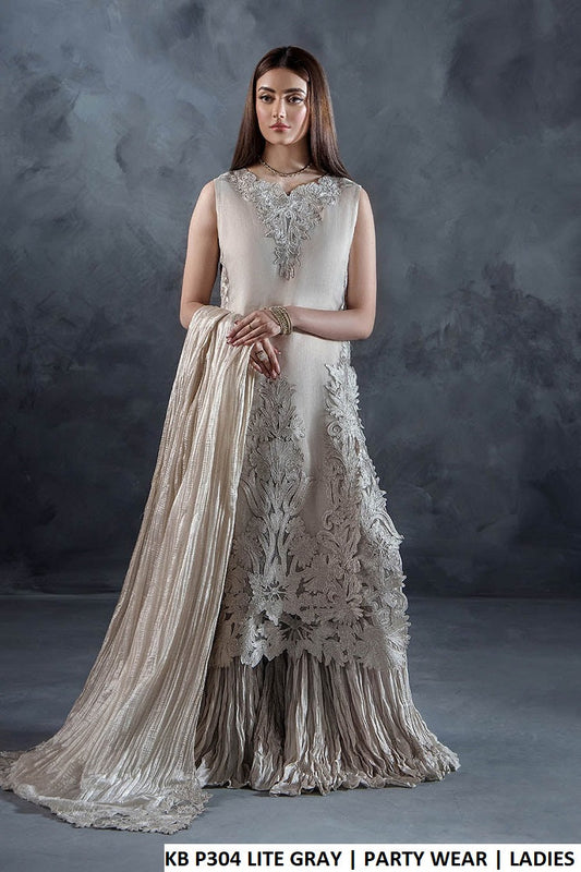 Organza straight shirt crush sharara light grey - Pakistani women's luxury party wear with silk dupatta front view