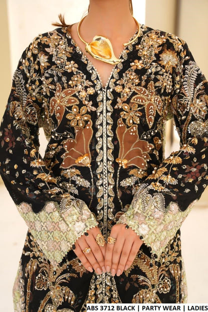 Black organza Pakistani women's straight open shirt with printed plazo side view