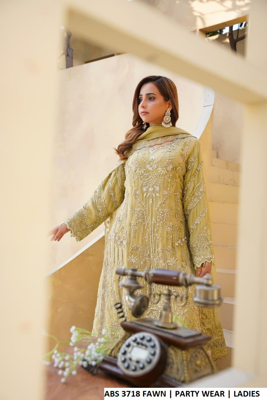 Fawn chiffon Pakistani women's shirt with plazo side view