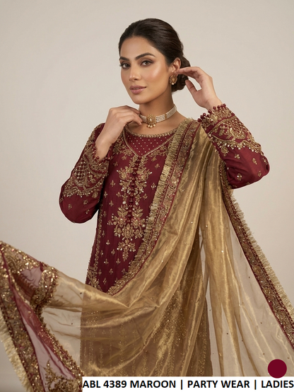 Maroon chiffon Pakistani women's shirt with viscose plazo side view