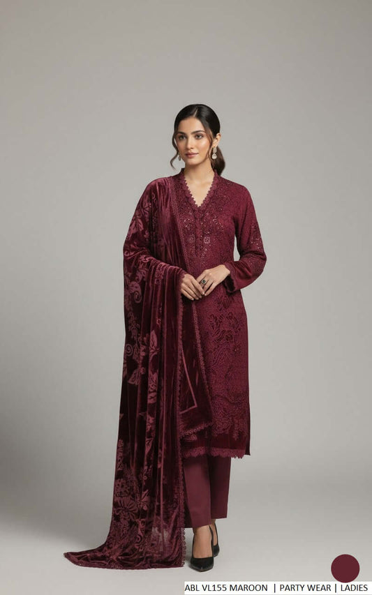 Soft net straight shirt maroon - Pakistani women's formal winter party wear with grip trouser and palachi shawl front view