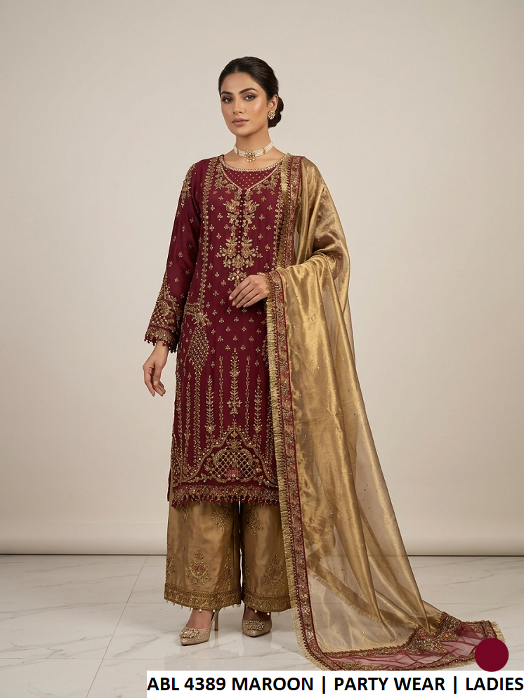 Chiffon shirt plazo maroon - Pakistani women's elegant party wear with viscose plazo and organza dupatta front view