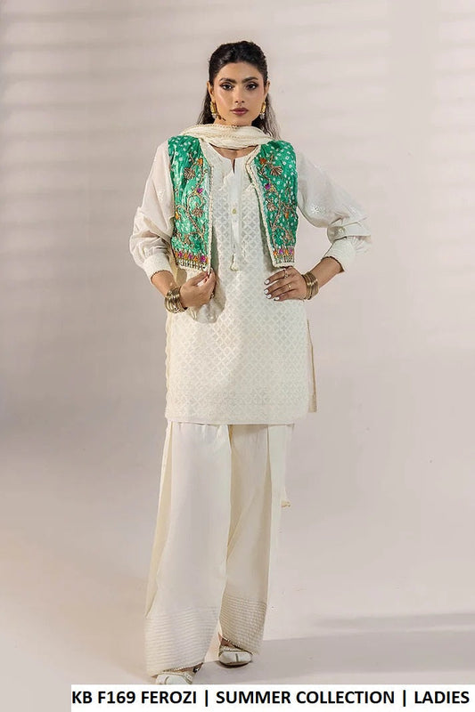 Swiss lawn shadow work shirt ferozi with farshi shalwar - Pakistani women's traditional outfit with crinkle chiffon dupatta front view