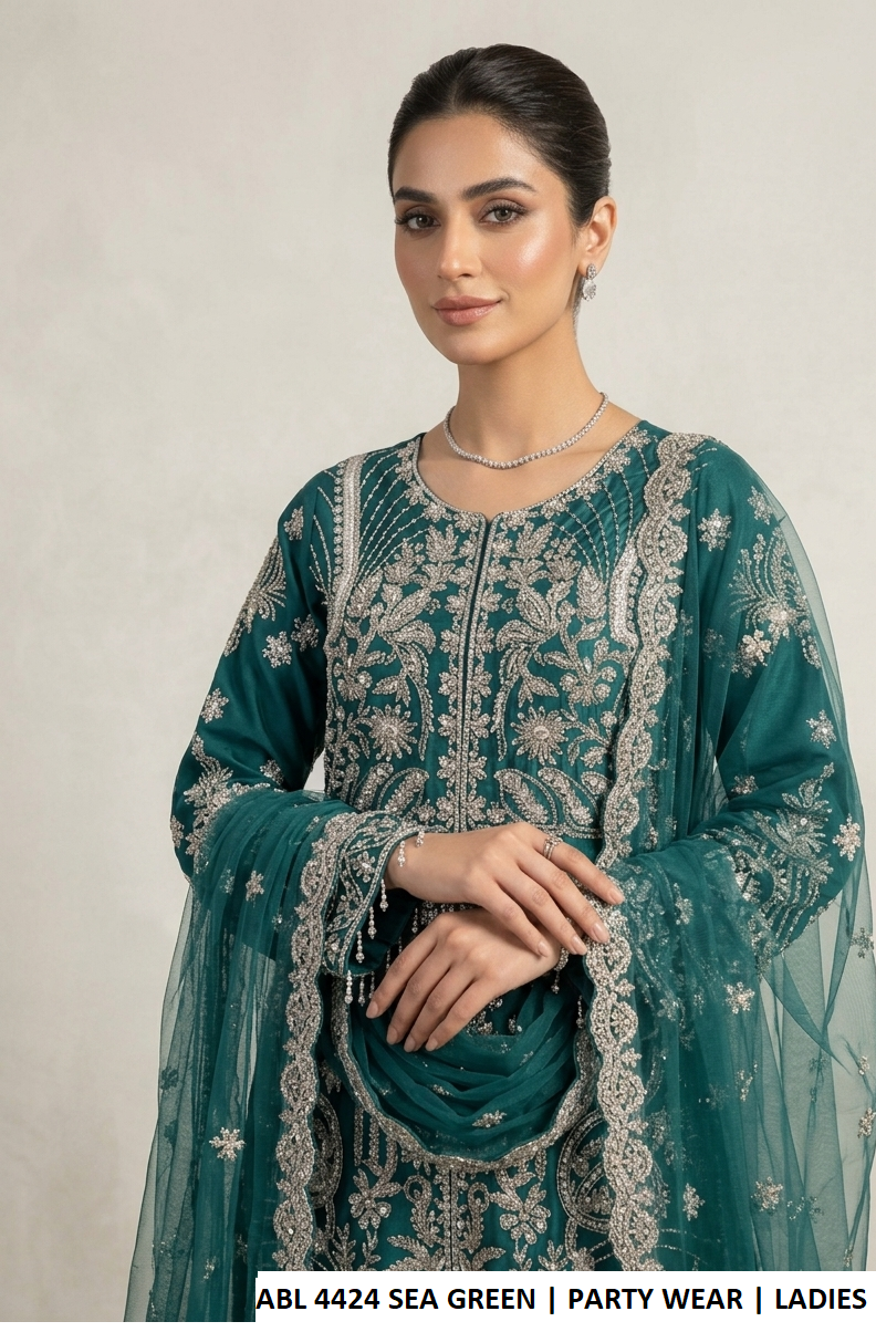 Sea green organza Pakistani women's open shirt with plazo side view
