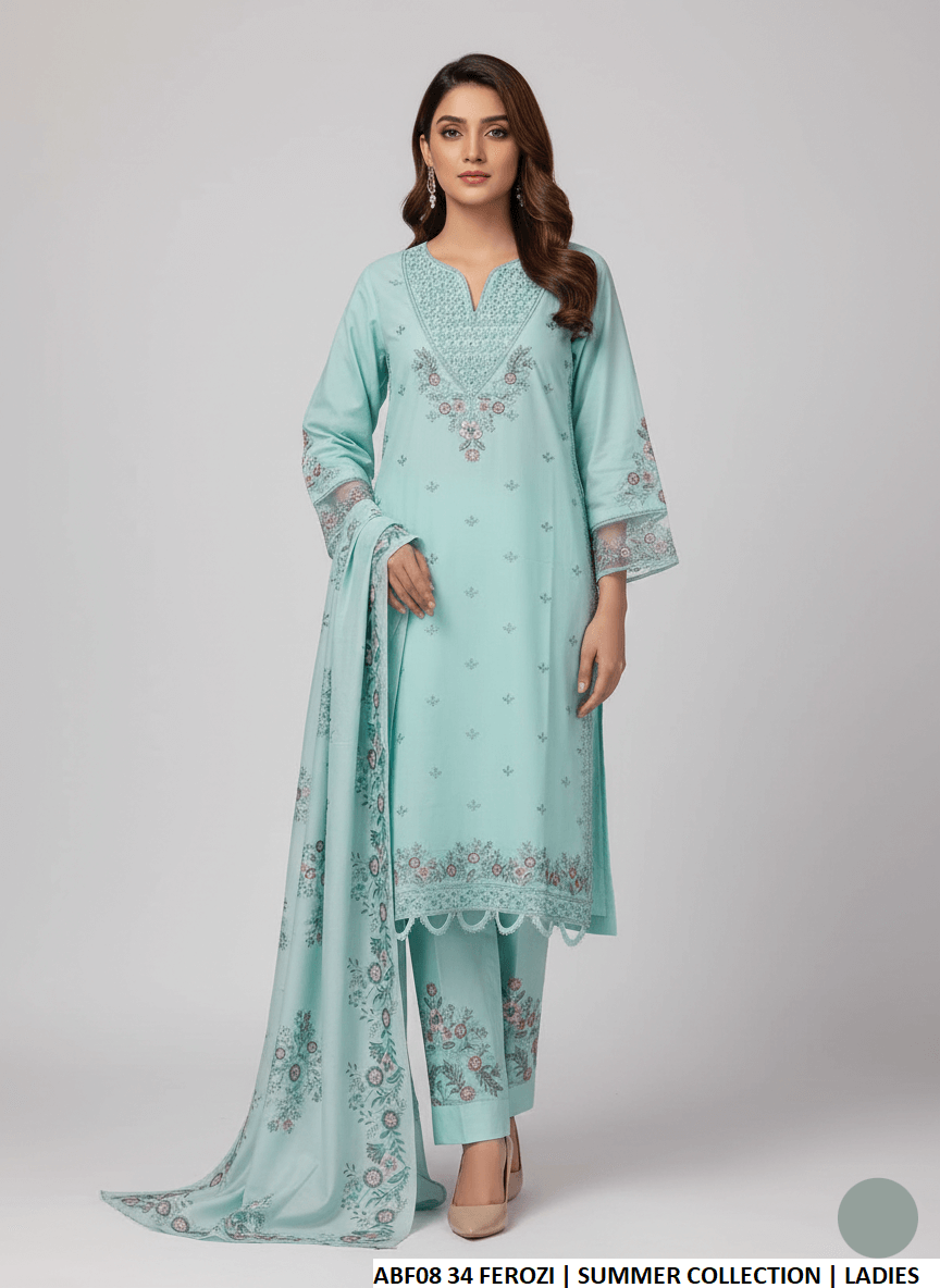 Cotton straight shirt ferozi - Pakistani women's casual everyday outfit with digital print dupatta front view