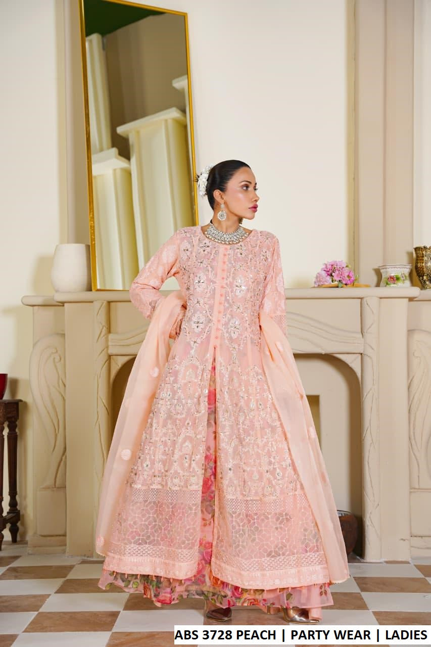 Peach chiffon Pakistani women's long open frock side view