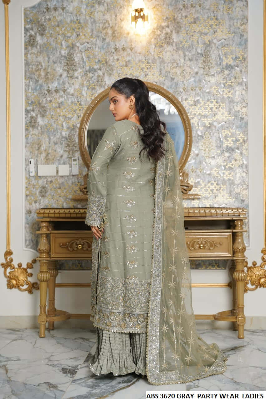 Pakistani women's grey chiffon straight shirt back view