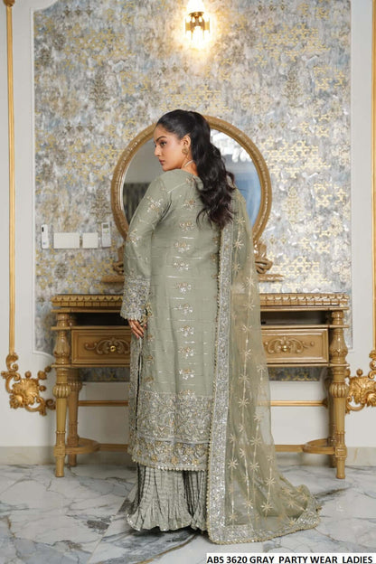 Pakistani women's grey chiffon straight shirt back view