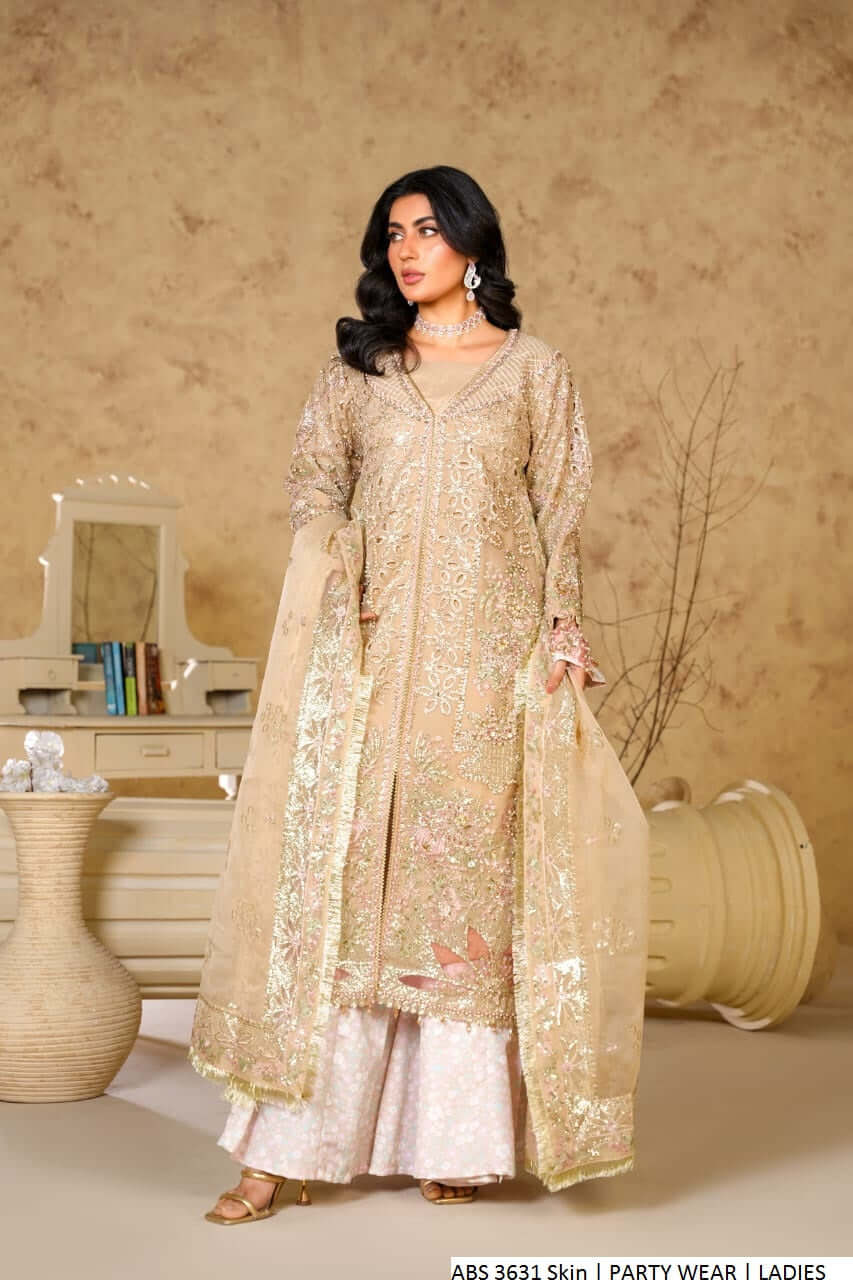 Organza open shirt skin - Pakistani women's formal party wear with grip trouser and organza dupatta front view