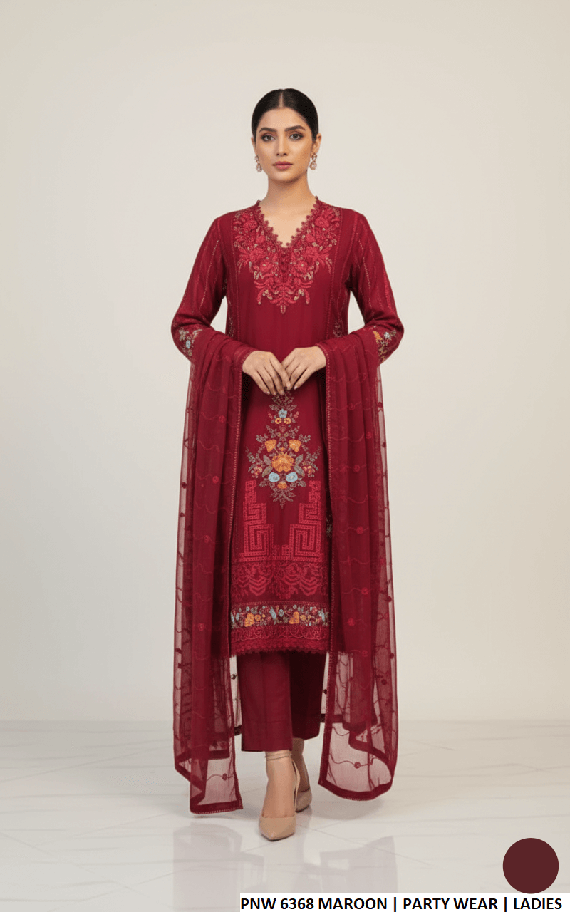 Chiffon straight shirt plazo maroon - Pakistani women's formal party wear with viscose plazo and organza dupatta front view