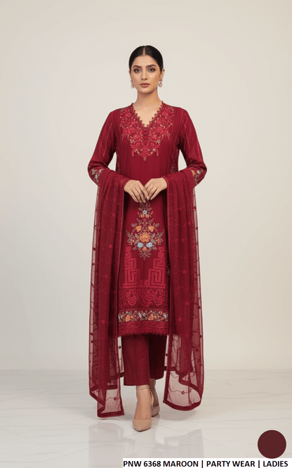 Chiffon straight shirt plazo maroon - Pakistani women's formal party wear with viscose plazo and organza dupatta front view