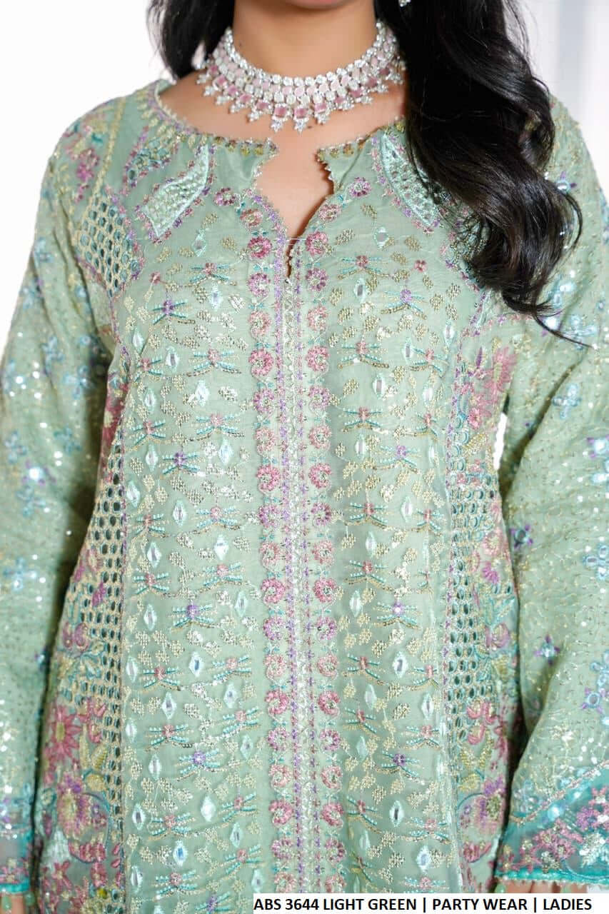 Light green organza Pakistani women's open A-Line shirt side view