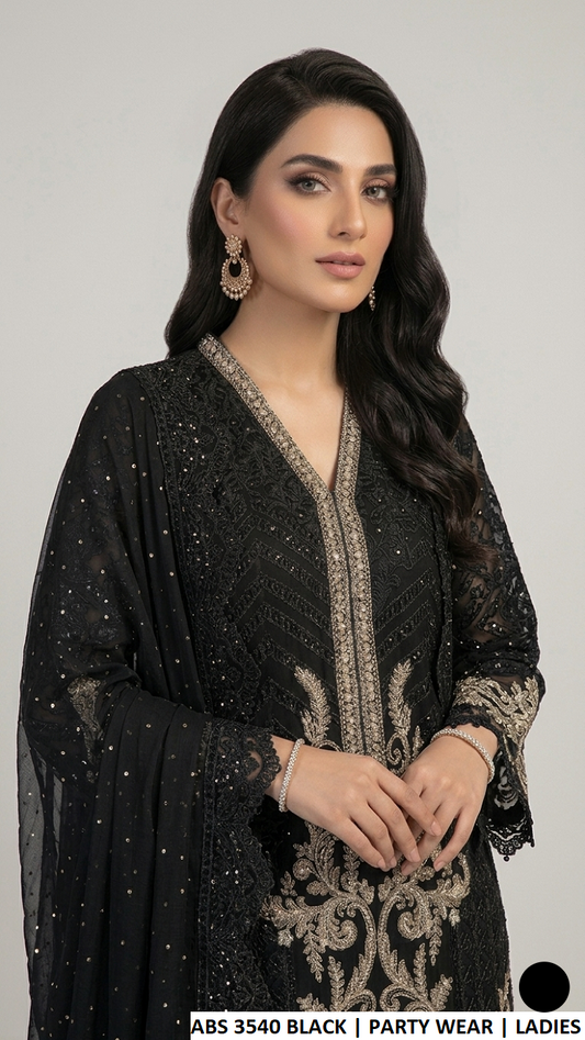 ABS 3540 BLACK - Black Chiffon A-Line 3-Piece Women's Pakistani Suit